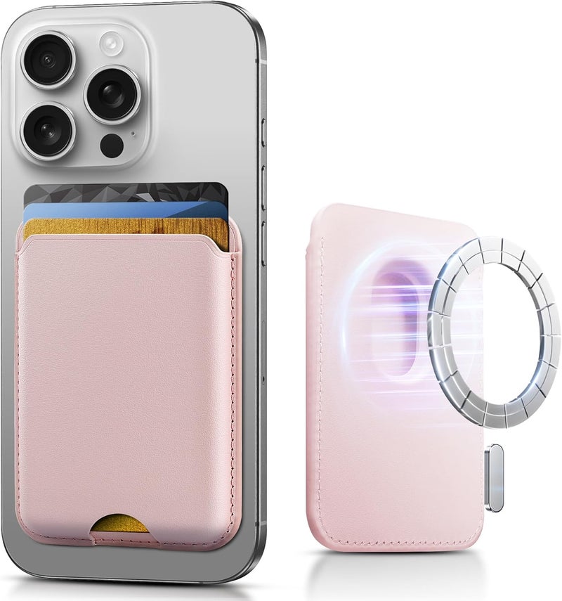 SOUNDBYTE Stronger Magnetic Wallet for iPhone 17/16/15/14/13/12 Series & for MagSafe Cases | N52 Magnet RFID Blocking Leather Magnetic Card Holder with Powerful Magnets | Holds 3 Cards | Pink - Image 1